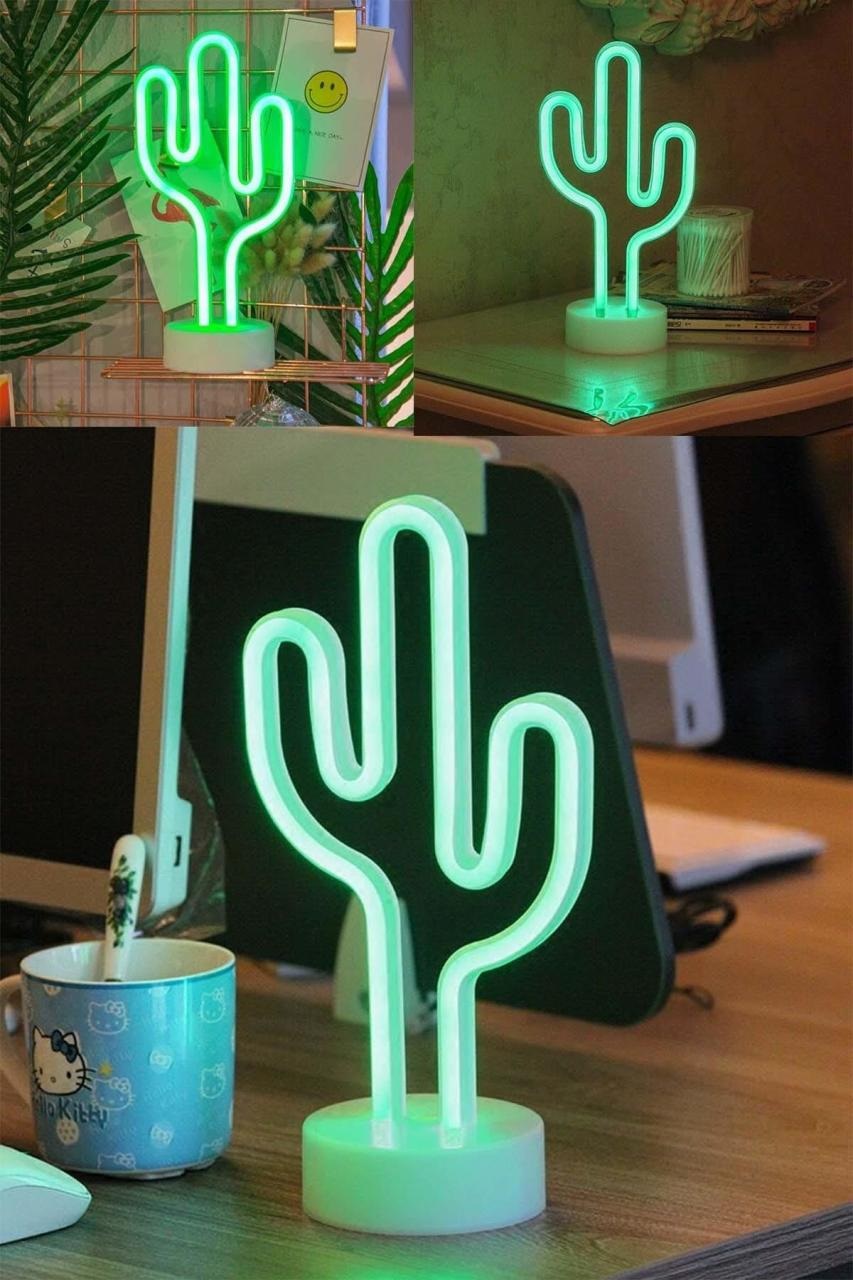 Yeşil Kaktüs Model Neon Led Işıklı Masa Lambası Dekoratif Aydınlatma Gece Lambası