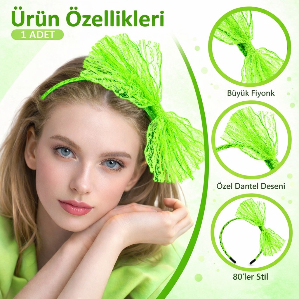 80’ler 90’lar Neon Yeşil Dantel Taç Fiyonklu - görsel 2