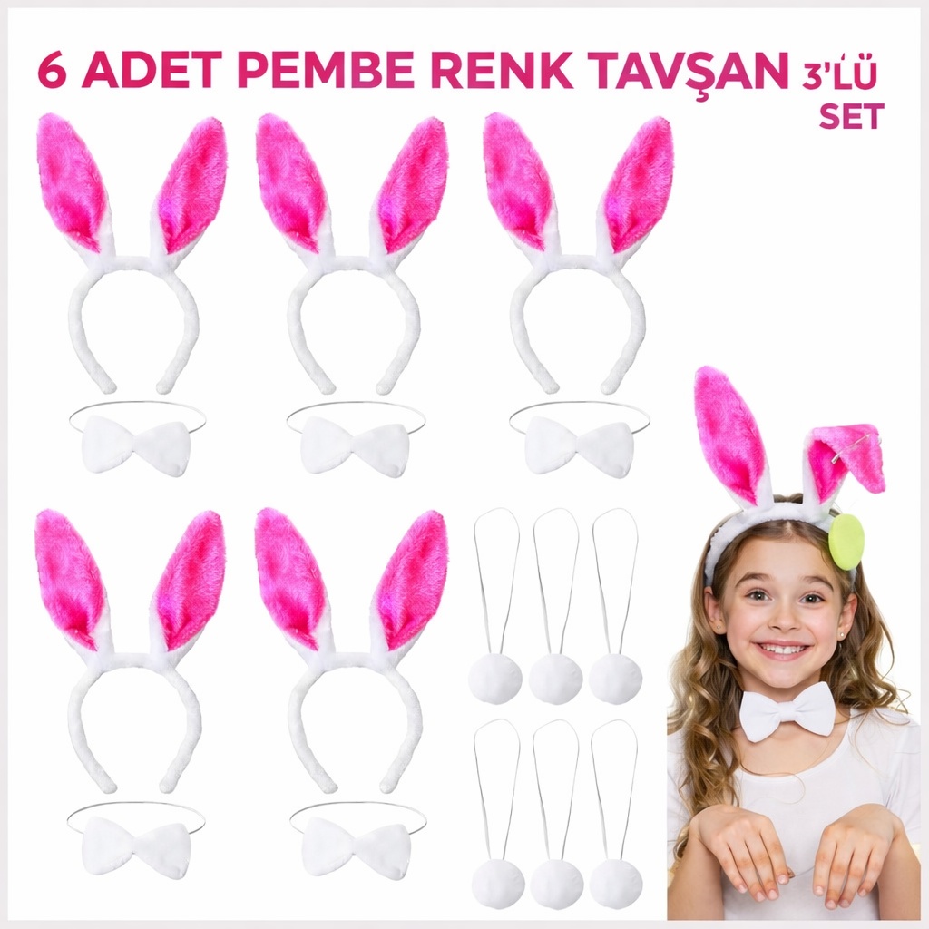 Şeker Pembesi Tavşan Sahne Seti 6amp;#39;lı Set Taç Papyon Kuyruk