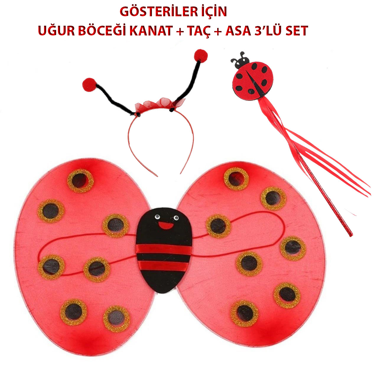 Çocuk Gösteri İçin Uğur Böceği Kanat + Taç + Asa 3amp;#39;lü Kostüm Seti