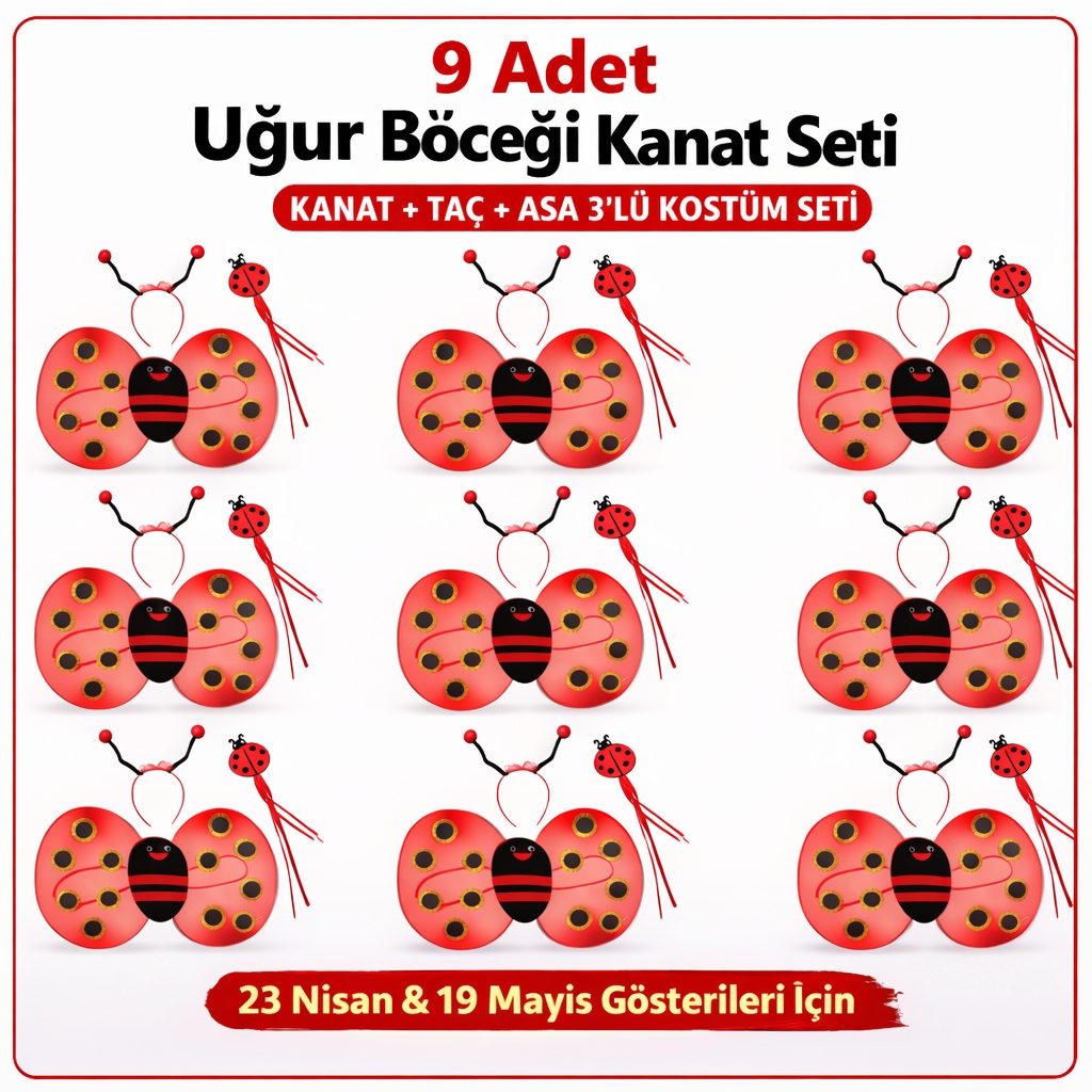 9’lu Uğur Böceği Ateş Böceği Kostüm Seti – Kanat Taç Asa