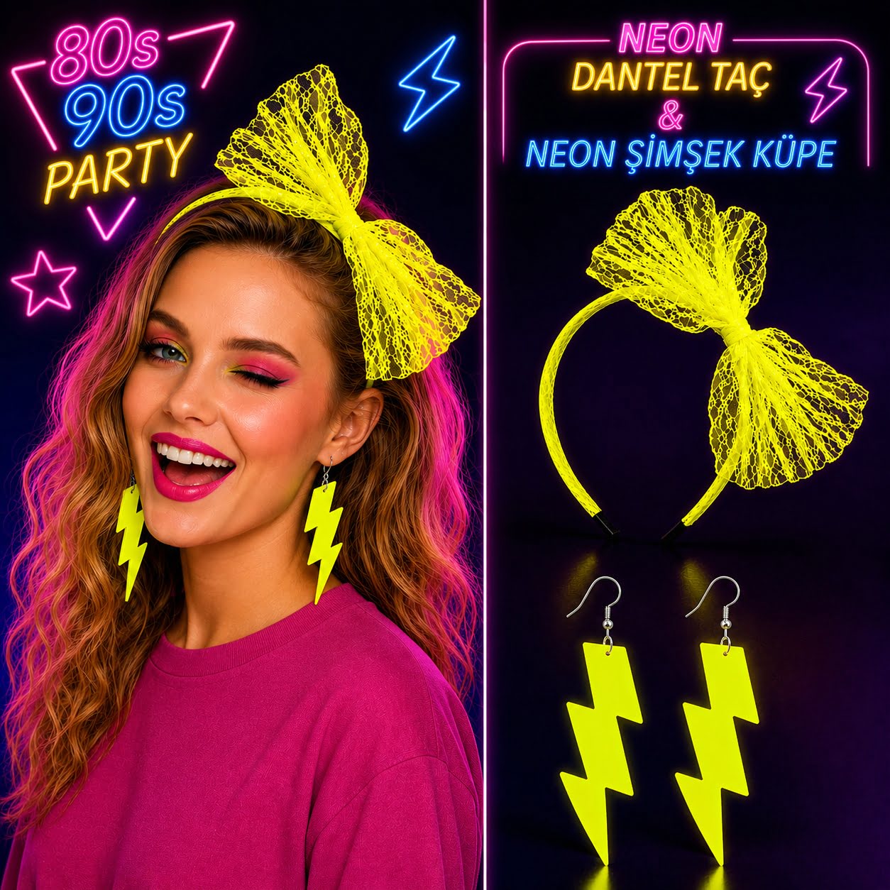Neon Sarı Dantel Taç ve Şimşek Küpe 80amp;#39;ler 90amp;#39;lar Parti Seti