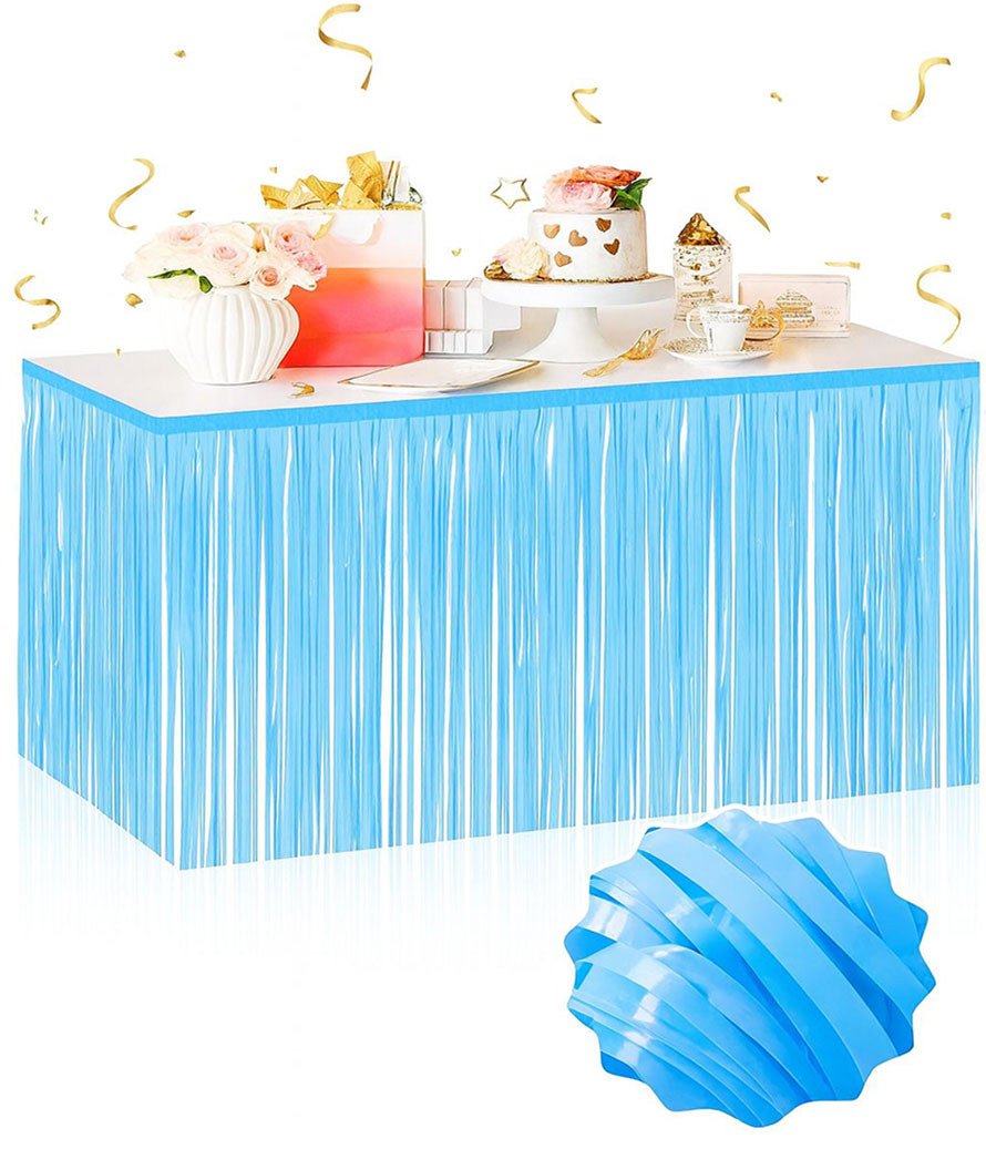 Kendinden Yapışkanlı Makaron Mavi Püsküllü Masa Eteği – 75 x 275 cm Parti Süslemesi